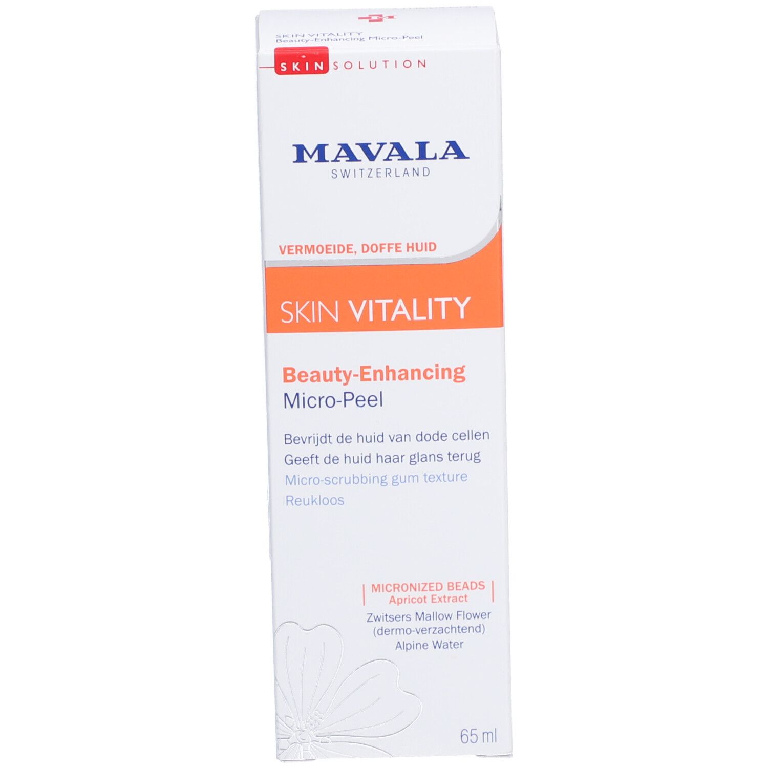 Emballage en carton avec MAVALA et SKIN VITALITY. Contient des informations et ingrédients.