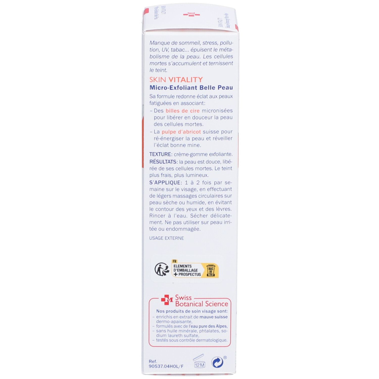 Dos de l'emballage en carton avec texte multilingue. Contient des informations et des ingrédients.