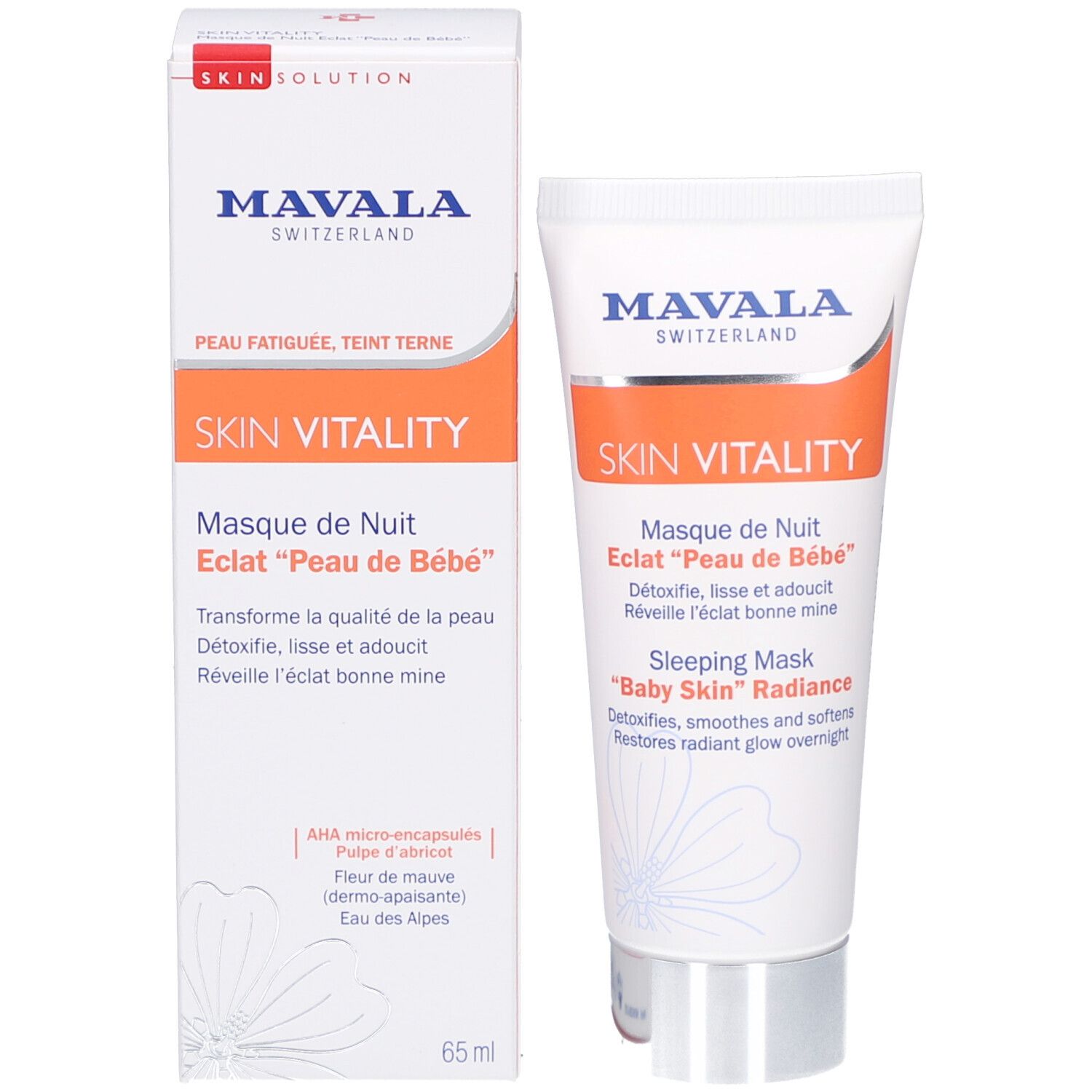 Produktverpackung: Tube und Schachtel. Text: MAVALA, SKIN VITALITY, Masque de Nuit, Sleeping Mask. 65 ml.