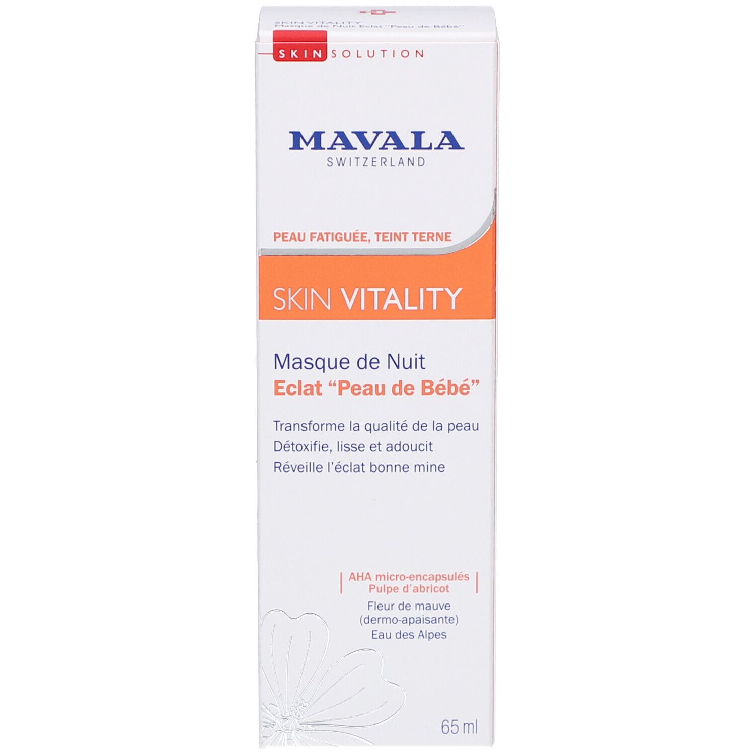 Schachtel. Text: MAVALA, SKIN VITALITY, Masque de Nuit, Sleeping Mask. 65 ml. Inhaltsstoffe: AHA, Aprikose, Malve.
