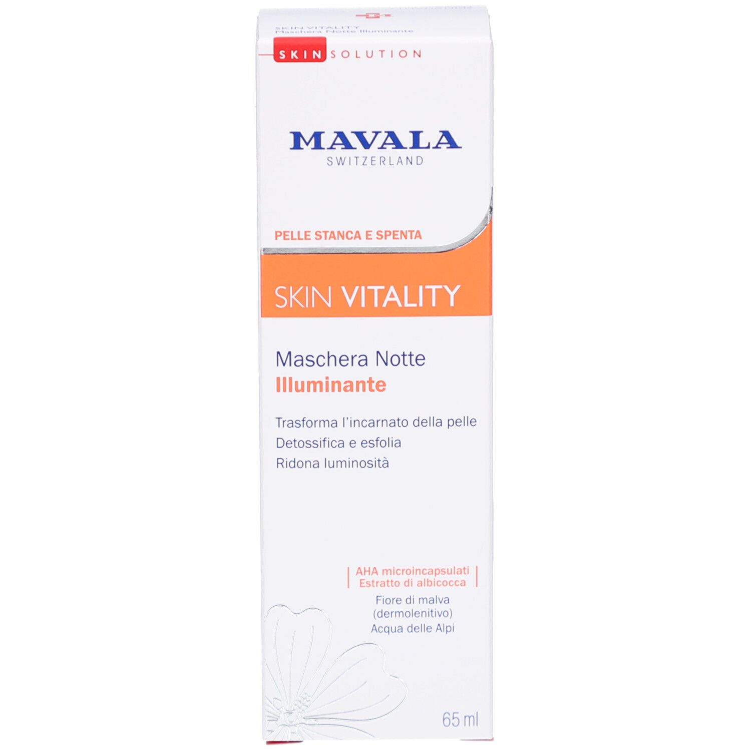 Schachtel. Text: MAVALA, SKIN VITALITY, Sleeping Mask, Baby Skin Radiance. 65 ml. Inhaltsstoffe: AHA, Aprikose, Malve.