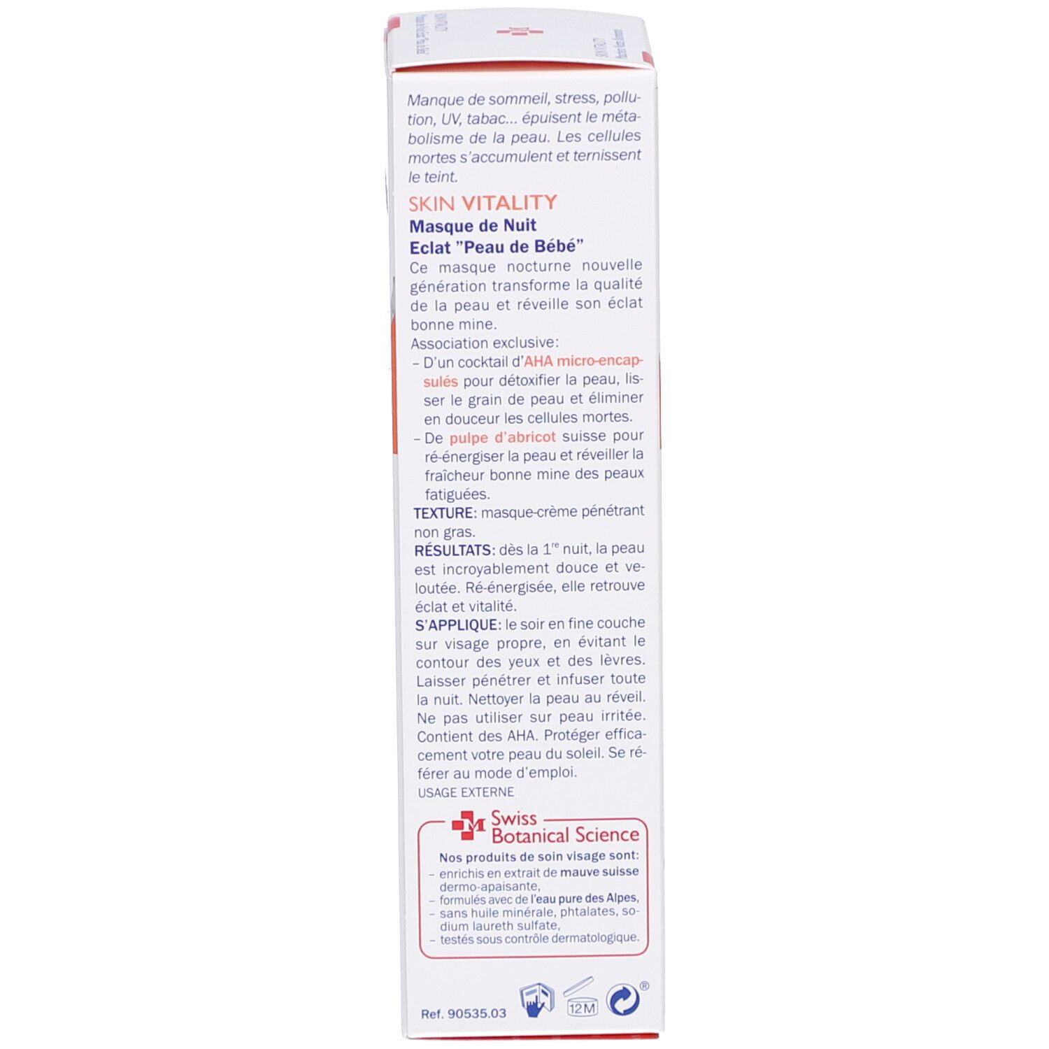 Rückseite der Schachtel. Text: Anwendung, Inhaltsstoffe, Swiss Botanical Science. 65 ml. Qualitätssiegel.