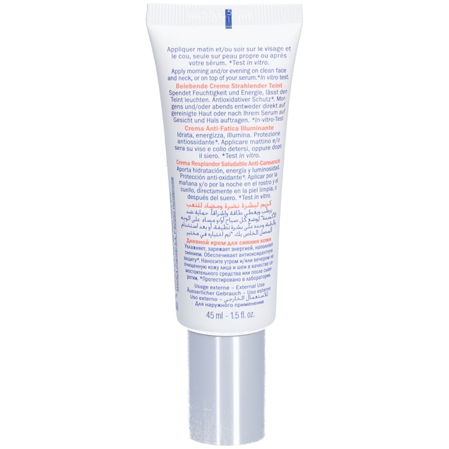 Rückseite der Creme-Tube SKIN VITALITY. Text in mehreren Sprachen. Enthält Informationen zur Anwendung.