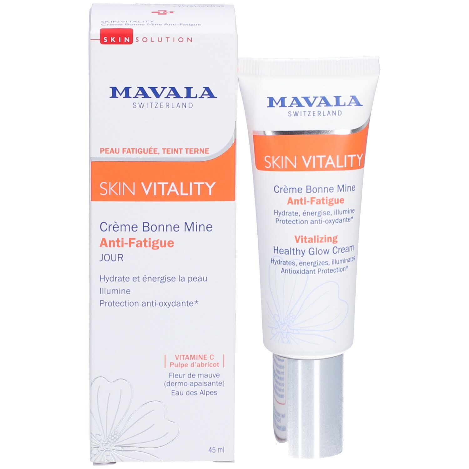 Verpackung und Tube SKIN VITALITY. Enthält Crème Bonne Mine Anti-Fatigue. Weiße Verpackung mit orangefarbenen Akzenten.