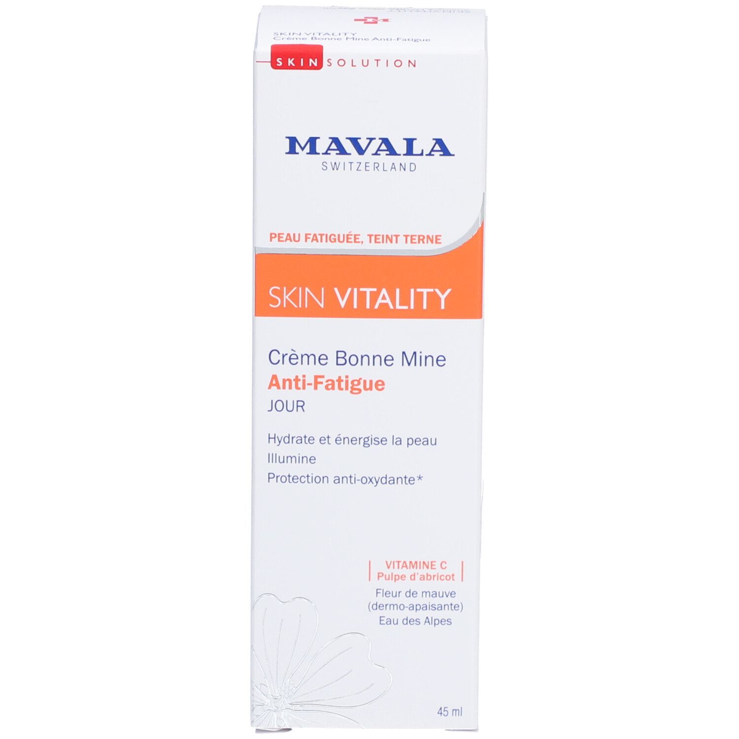 Verpackung SKIN VITALITY. Enthält Crème Bonne Mine Anti-Fatigue. Weiße Verpackung mit orangefarbenen Akzenten.