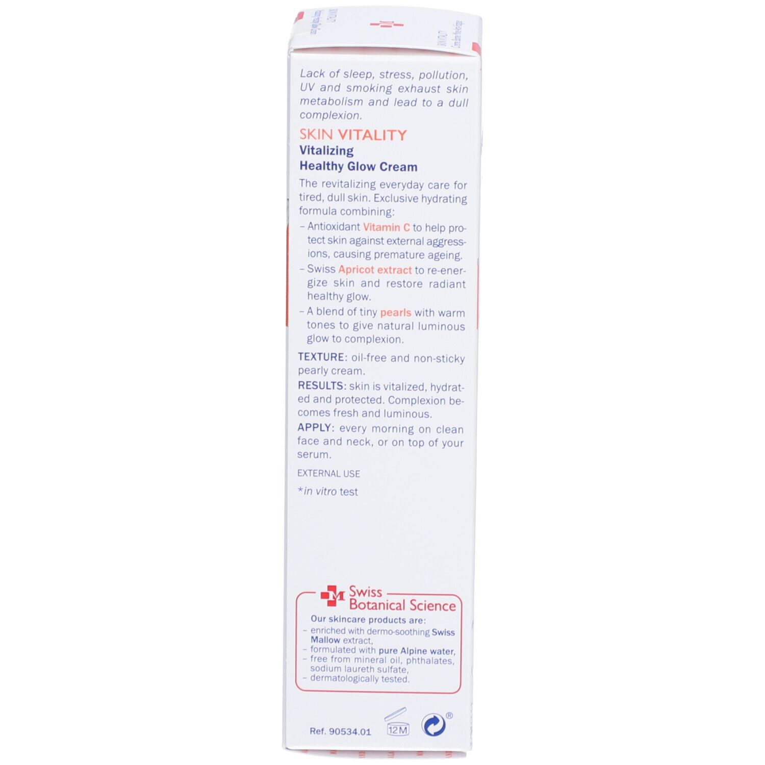 Rückseite der SKIN VITALITY Verpackung. Text in mehreren Sprachen. Enthält Informationen zum Produkt.
