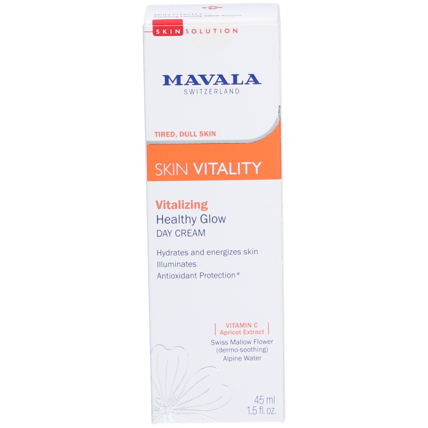 Verpackung SKIN VITALITY. Enthält Vitalizing Healthy Glow Day Cream. Weiße Verpackung mit orangefarbenen Akzenten.