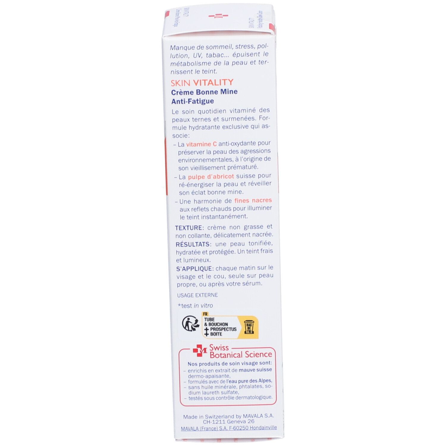 Rückseite der SKIN VITALITY Verpackung. Text in mehreren Sprachen. Enthält Informationen zum Produkt.