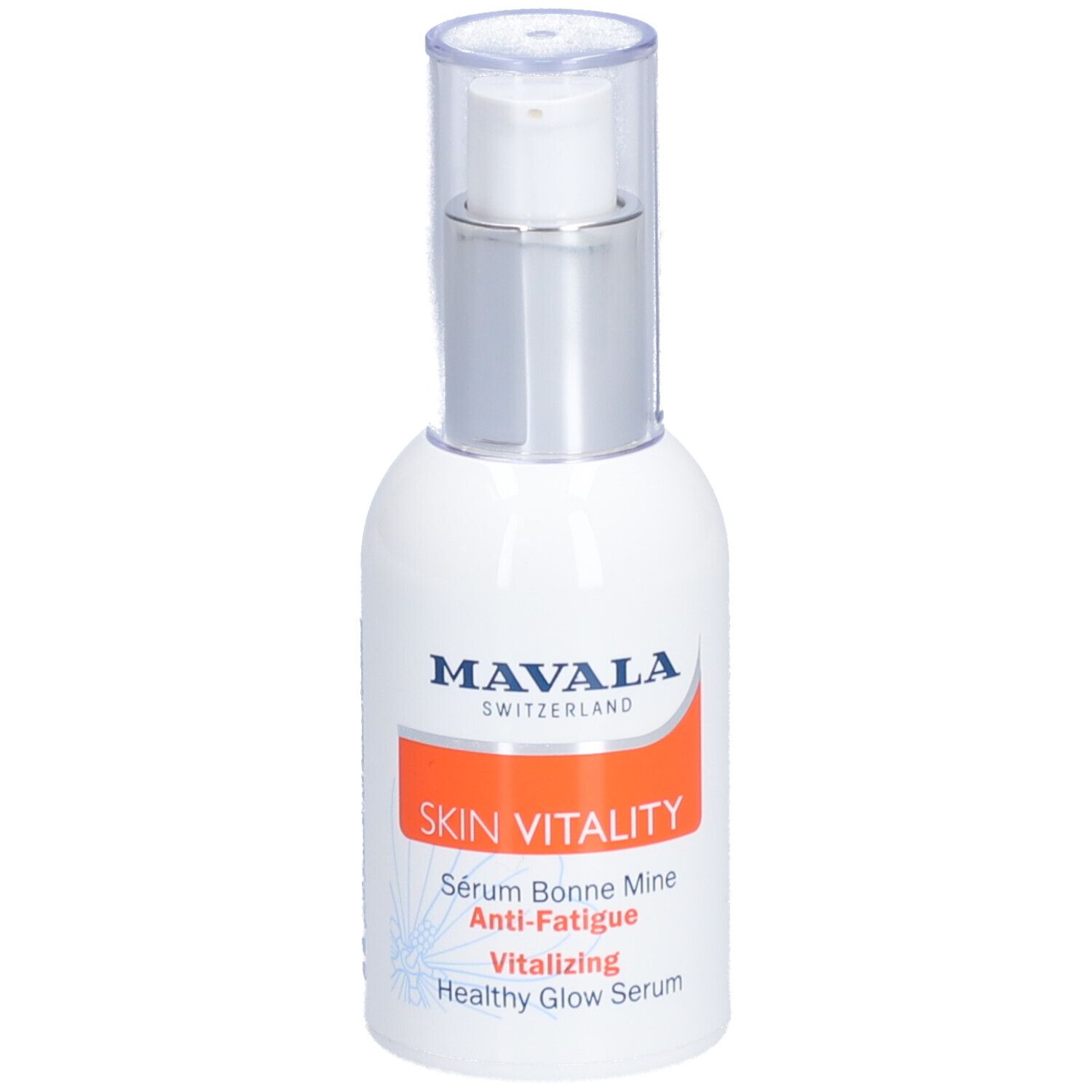 Flacon blanc avec pompe argentée. Inscription : MAVALA SKIN VITALITY. Contient Sérum Bonne Mine Anti-Fatigue.