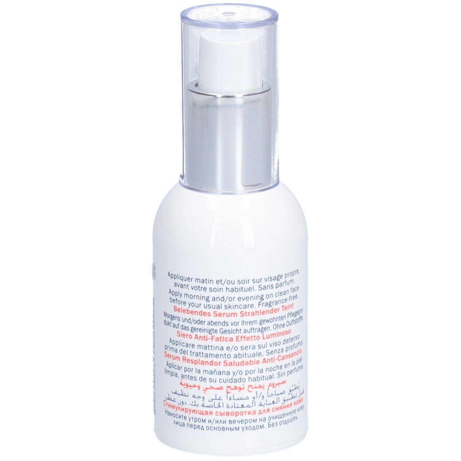 Flacon blanc avec pompe argentée. Inscription : MAVALA SKIN VITALITY. Contient Sérum Bonne Mine Anti-Fatigue. Texte multilingue.