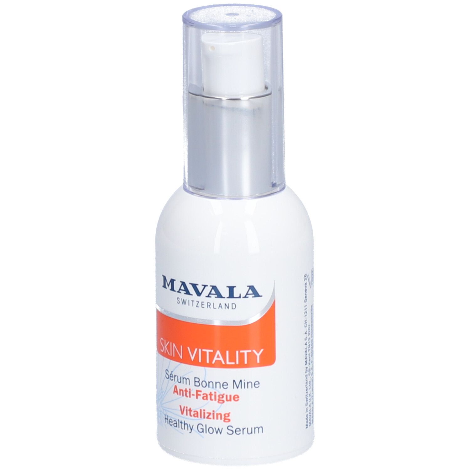 Flacon blanc avec pompe argentée. Inscription : MAVALA SKIN VITALITY. Contient Sérum Bonne Mine Anti-Fatigue.