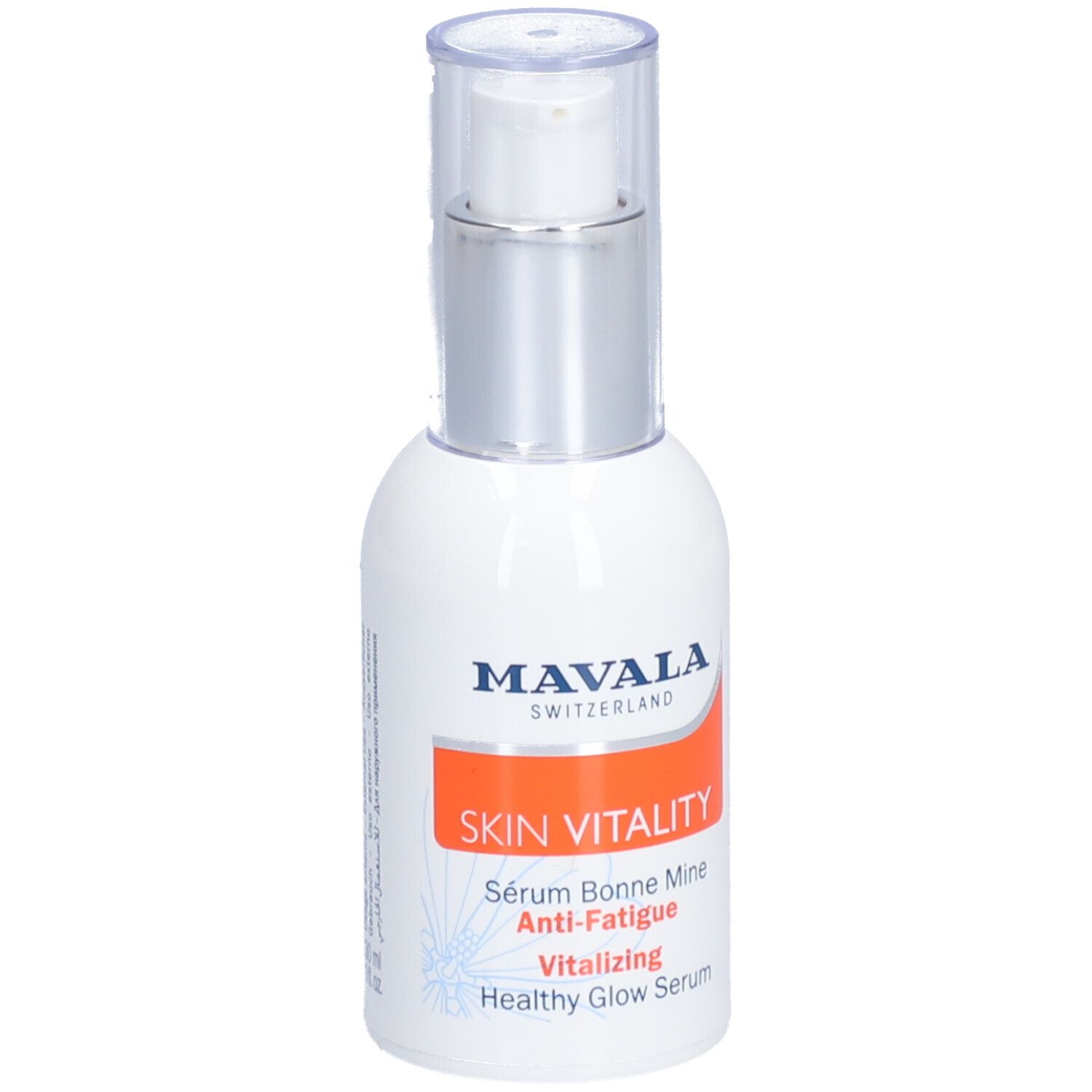 Flacon blanc avec pompe argentée. Inscription : MAVALA SKIN VITALITY. Contient Sérum Bonne Mine Anti-Fatigue.