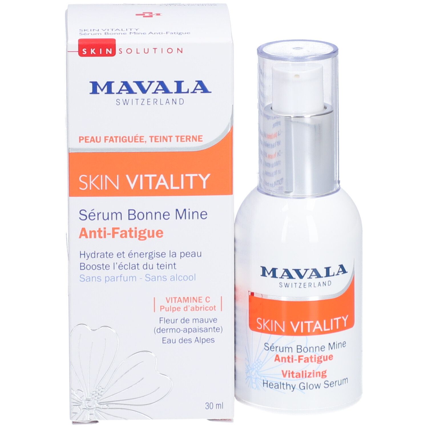 Flacon de produit à côté de l'emballage. Emballage avec inscription : MAVALA SKIN VITALITY. Contient Sérum Bonne Mine Anti-Fatigue.