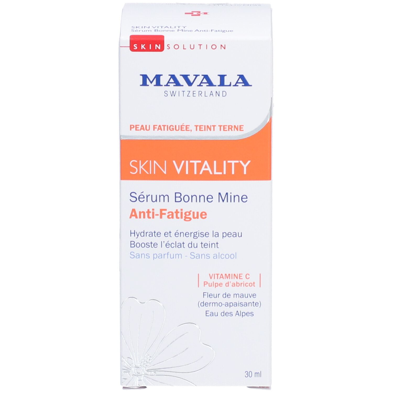 Emballage du produit avec inscription : MAVALA SKIN VITALITY. Contient Sérum Bonne Mine Anti-Fatigue. 30 ml.