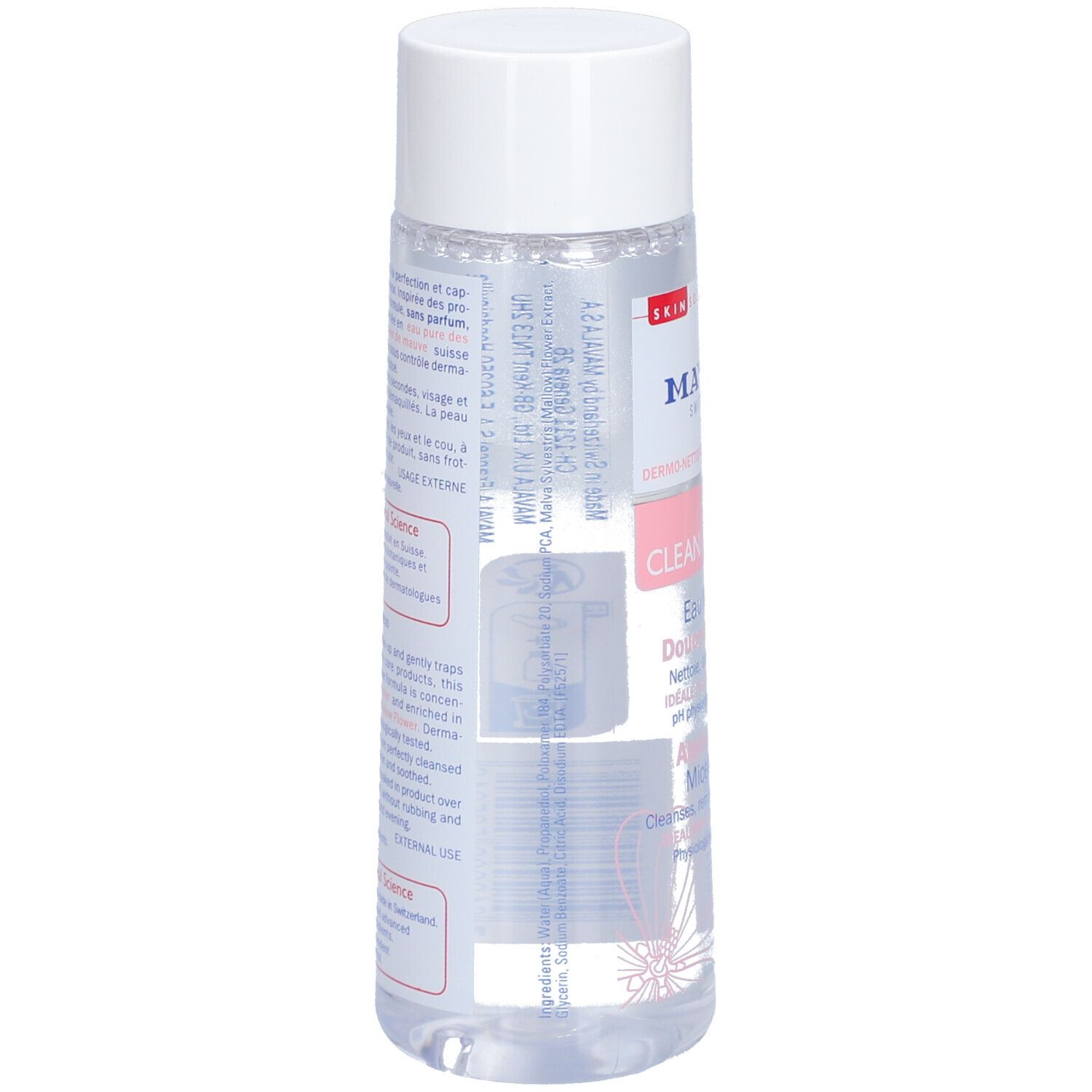 Achterkant van de fles. Meertalige tekst. Productnaam: MAVALA Clean & Comfort Eau Micellaire.