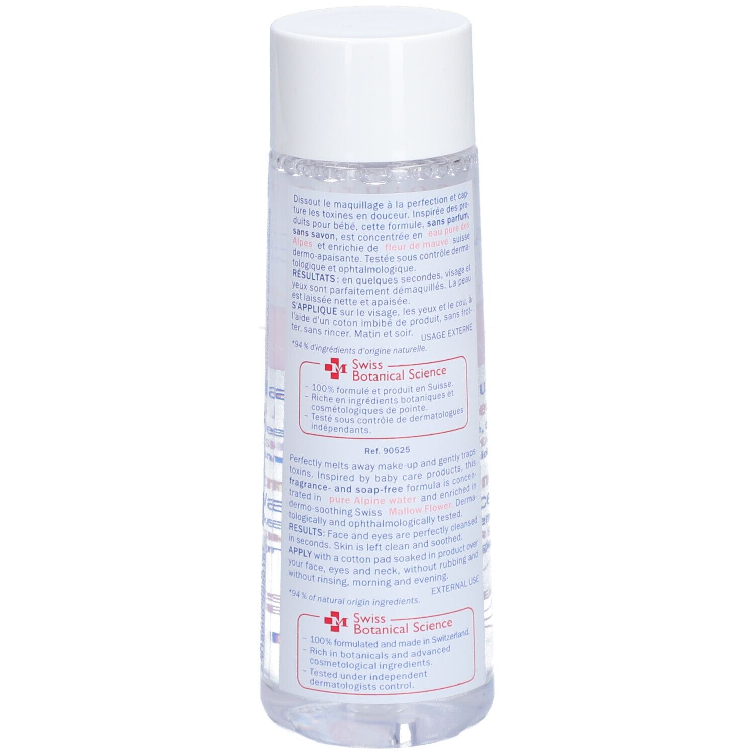 Achterkant van de fles. Meertalige tekst. Productnaam: MAVALA Clean & Comfort Eau Micellaire.