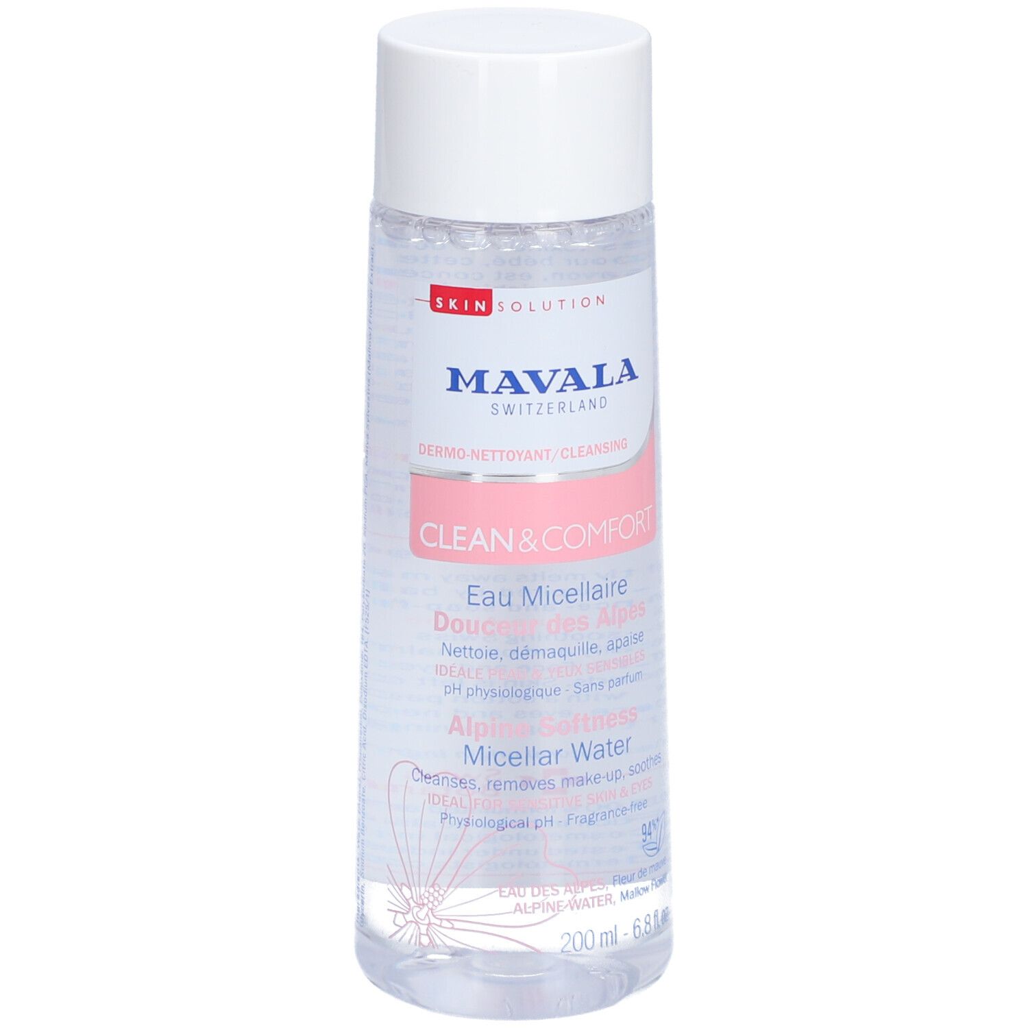 Transparante fles met witte dop. Opschrift: MAVALA, CLEAN & COMFORT, Eau Micellaire. 200ml.