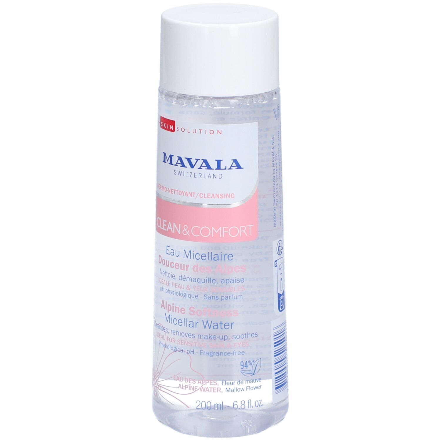 Transparante fles met witte dop. Opschrift: MAVALA, CLEAN & COMFORT, Eau Micellaire. 200ml.