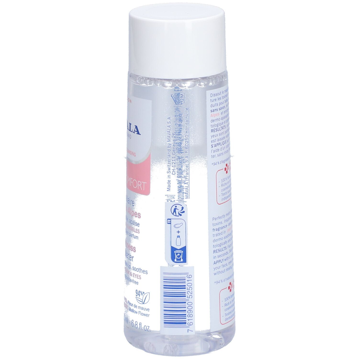 Achterkant van de fles. Meertalige tekst. Productnaam: MAVALA Clean & Comfort Eau Micellaire.