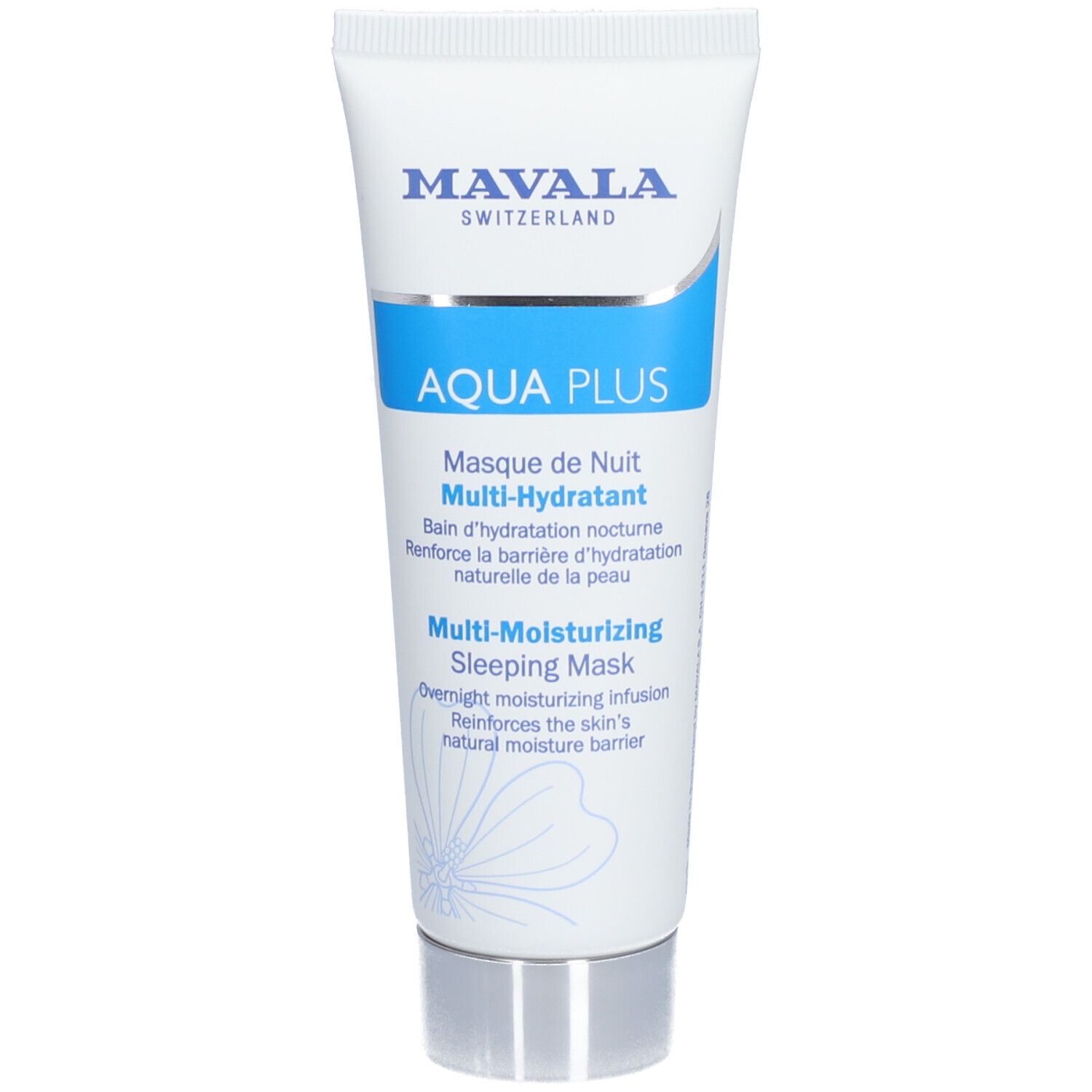 Tube blanc avec bande bleue. Texte: MAVALA, AQUA PLUS, Masque de Nuit Multi-Hydratant, Multi-Moisturizing Sleeping Mask.