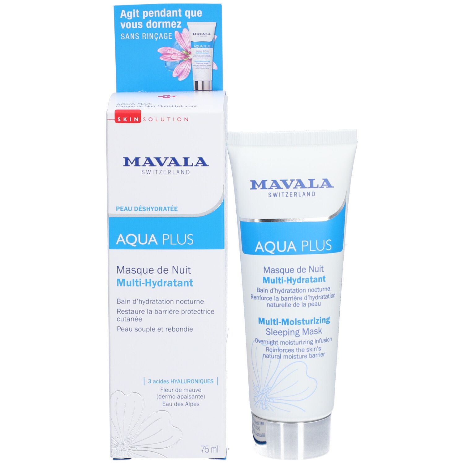 Emballage du produit: tube et boîte. Texte: MAVALA, AQUA PLUS, Masque de Nuit Multi-Hydratant, 75 ml.