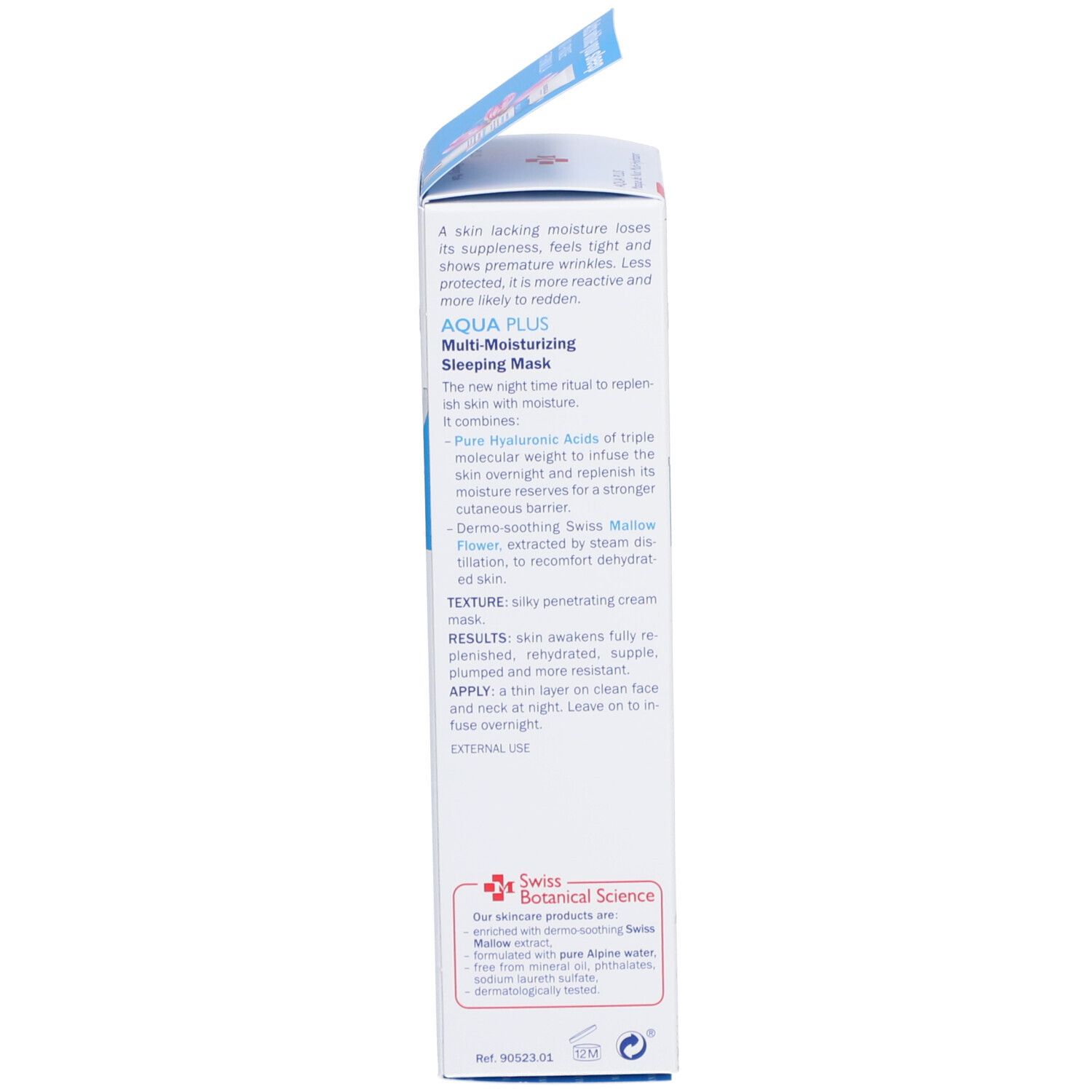 Boîte, texte: AQUA PLUS, Masque de Nuit Multi-Hydratant. Ingrédients, instructions d'utilisation, Swiss Botanical Science.