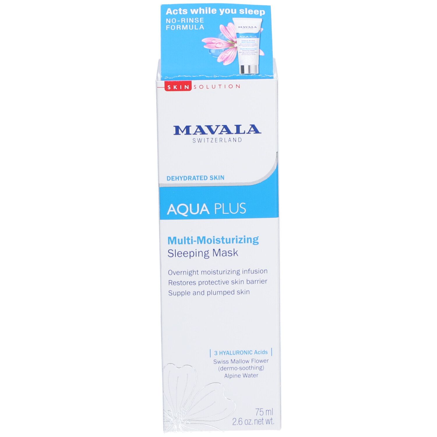 Emballage du produit: boîte. Texte: MAVALA, AQUA PLUS, Masque de Nuit Multi-Hydratant, 75 ml, 2.6 oz. net wt.