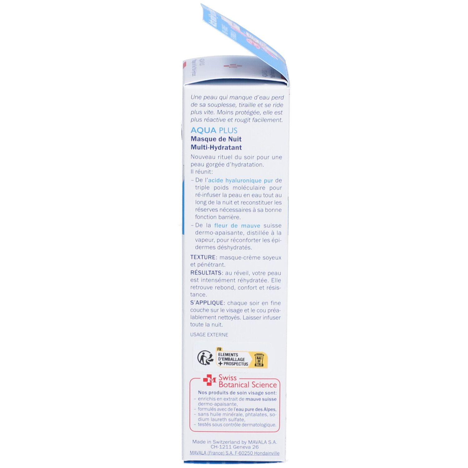 Boîte, texte: AQUA PLUS, Masque de Nuit Multi-Hydratant. Ingrédients, instructions d'utilisation, Swiss Botanical Science.