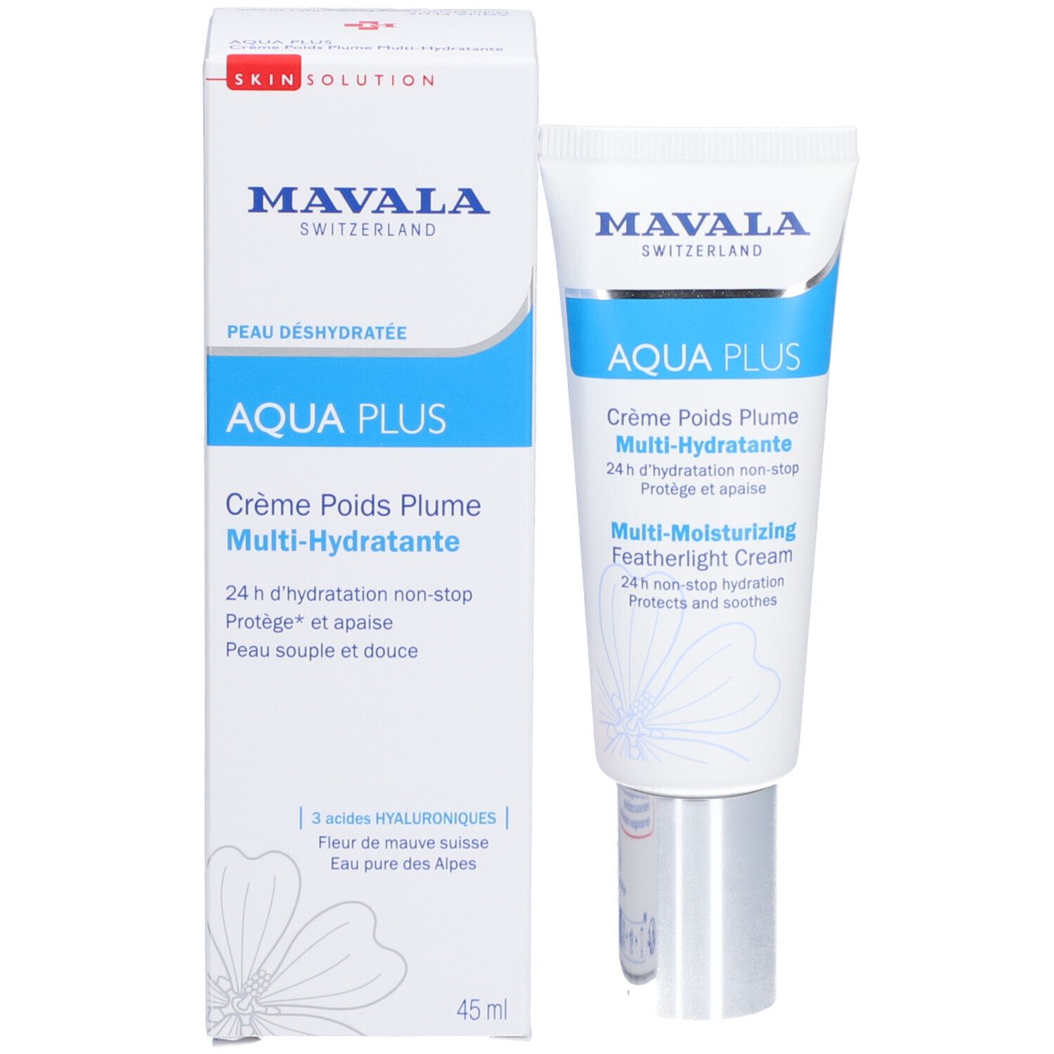 Produktverpackung und Tube AQUA PLUS. Weiß, blau. Text: AQUA PLUS, Creme, 45 ml.
