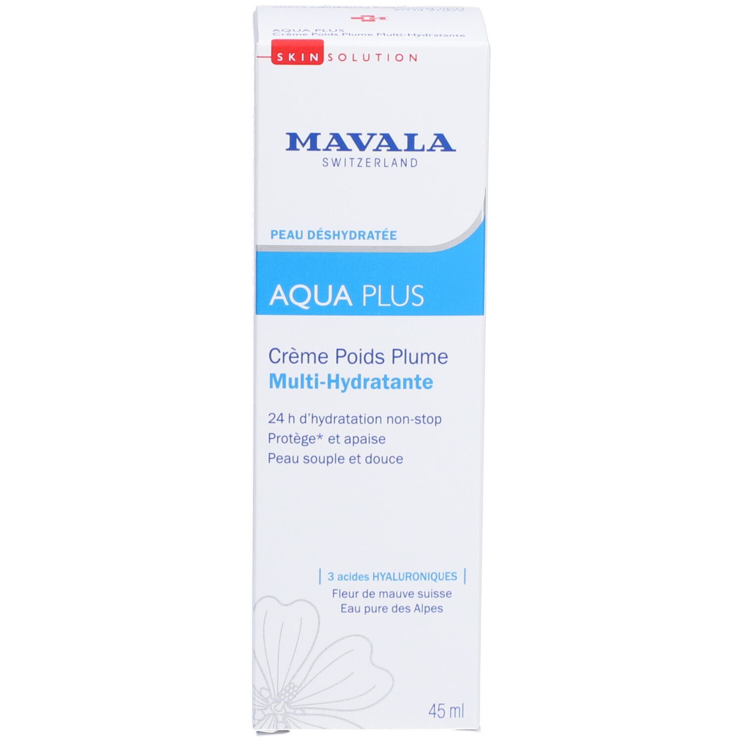 Produktverpackung AQUA PLUS. Weiß, blau. Text: AQUA PLUS, Creme, 45 ml.