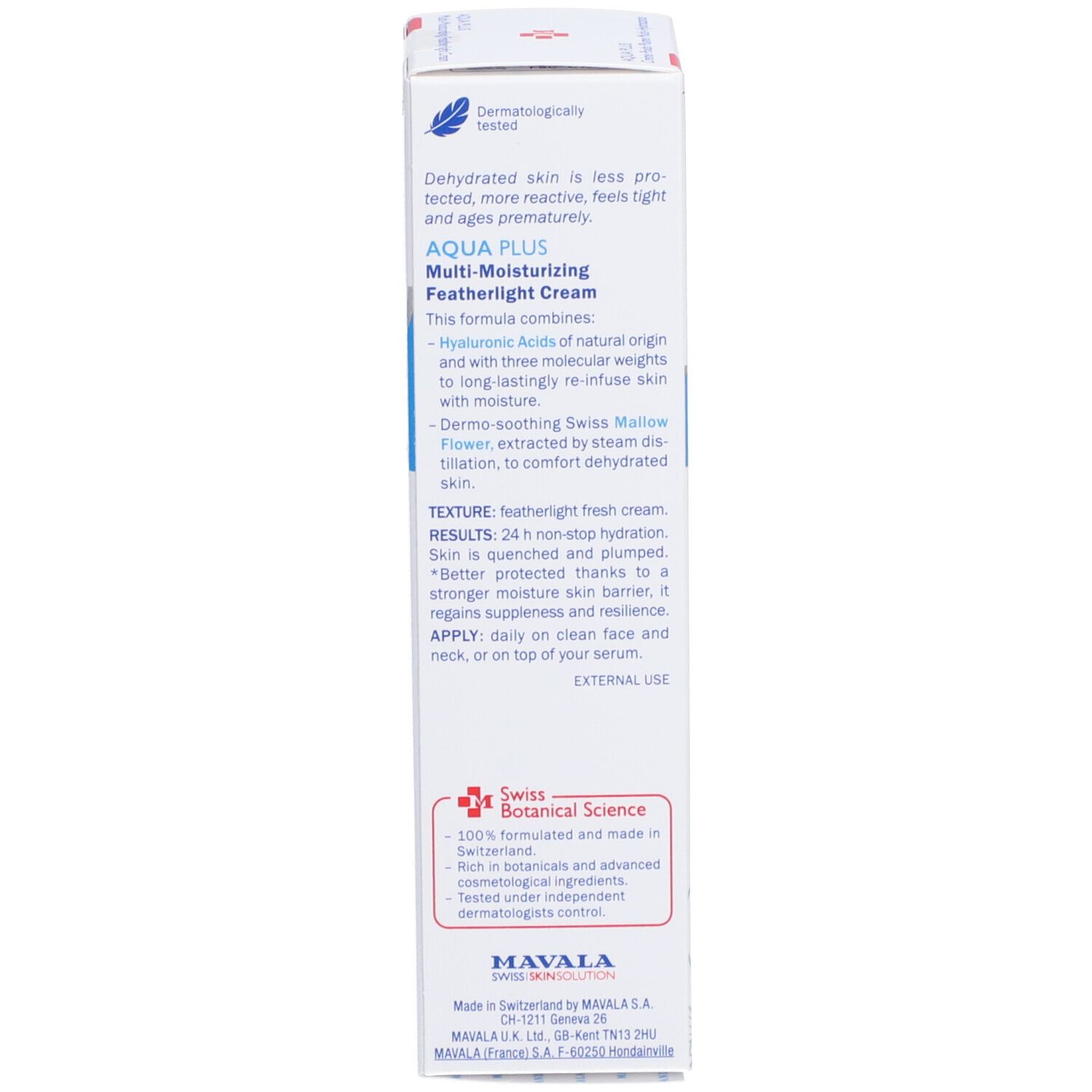 Produktverpackung AQUA PLUS. Text: Inhaltsstoffe, Anwendung, Swiss Botanical Science.