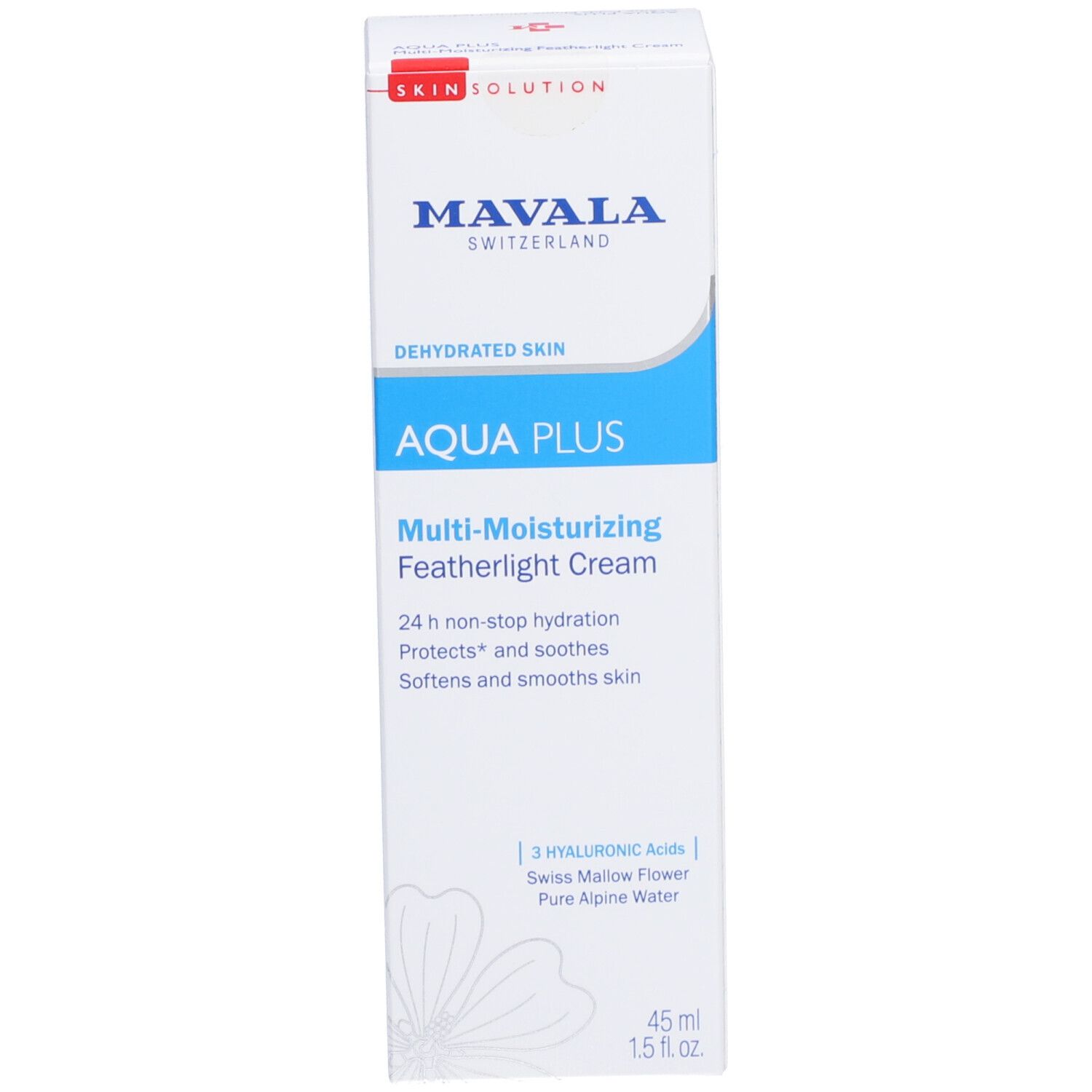 Produktverpackung AQUA PLUS. Weiß, blau. Text: AQUA PLUS, Creme, 45 ml, 1.5 fl.oz.