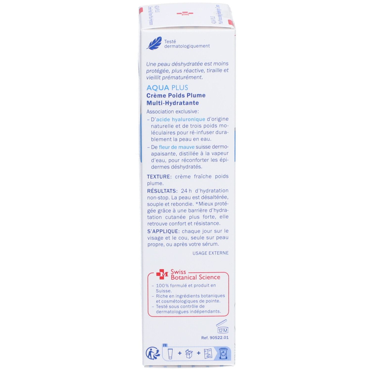 Produktverpackung AQUA PLUS. Text: Inhaltsstoffe, Anwendung, Swiss Botanical Science.
