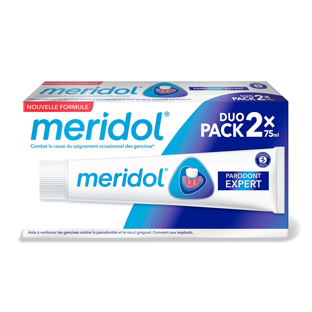 meridol® PARODONT EXPERT Duo Pack. Boîte contenant deux tubes de dentifrice.