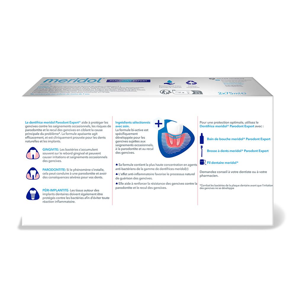 Dos de l'emballage du dentifrice meridol® PARODONT EXPERT. Texte et illustrations.