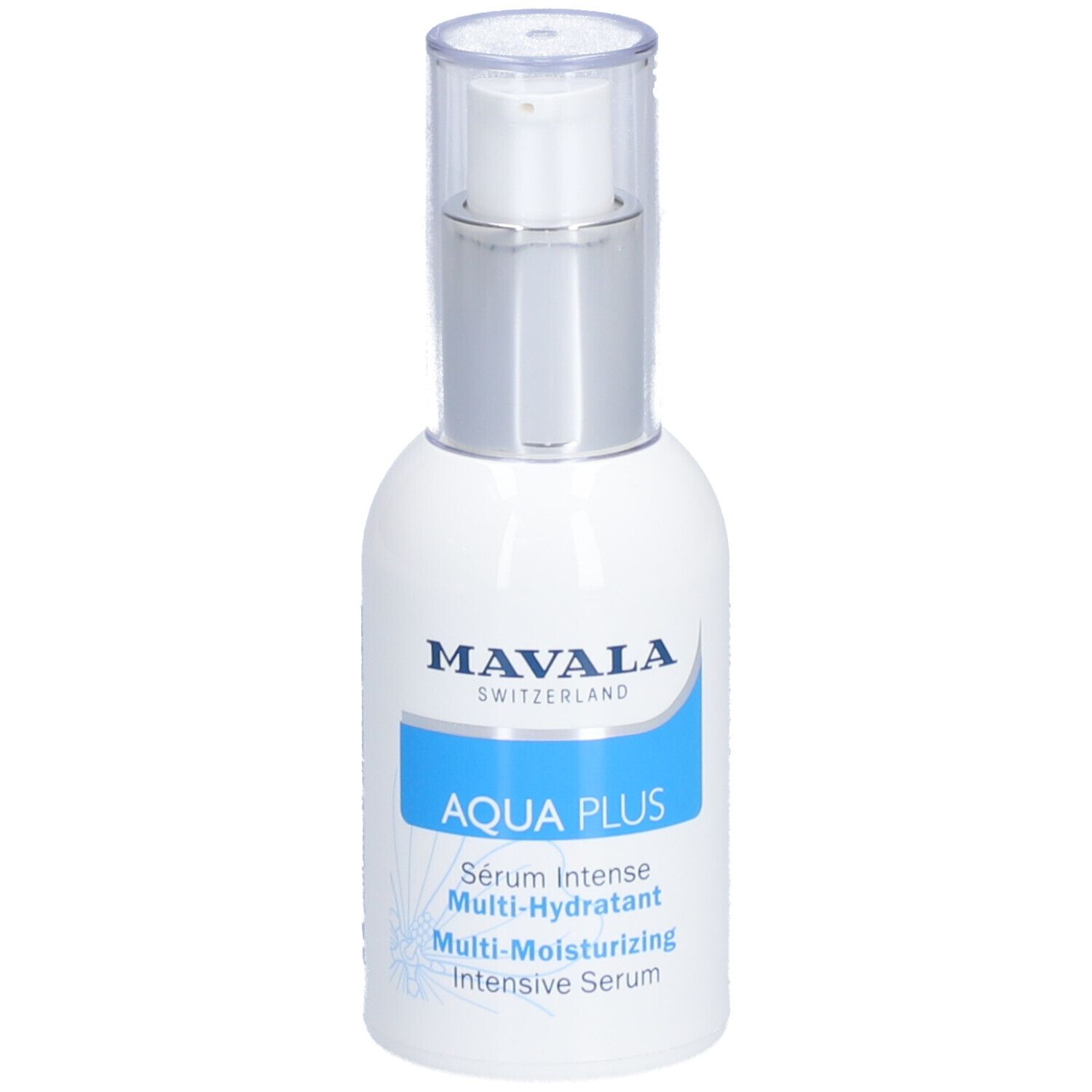 Weiße Flasche mit silbernem Deckel. Aufschrift: MAVALA AQUA PLUS. Mehrfach bebildert.