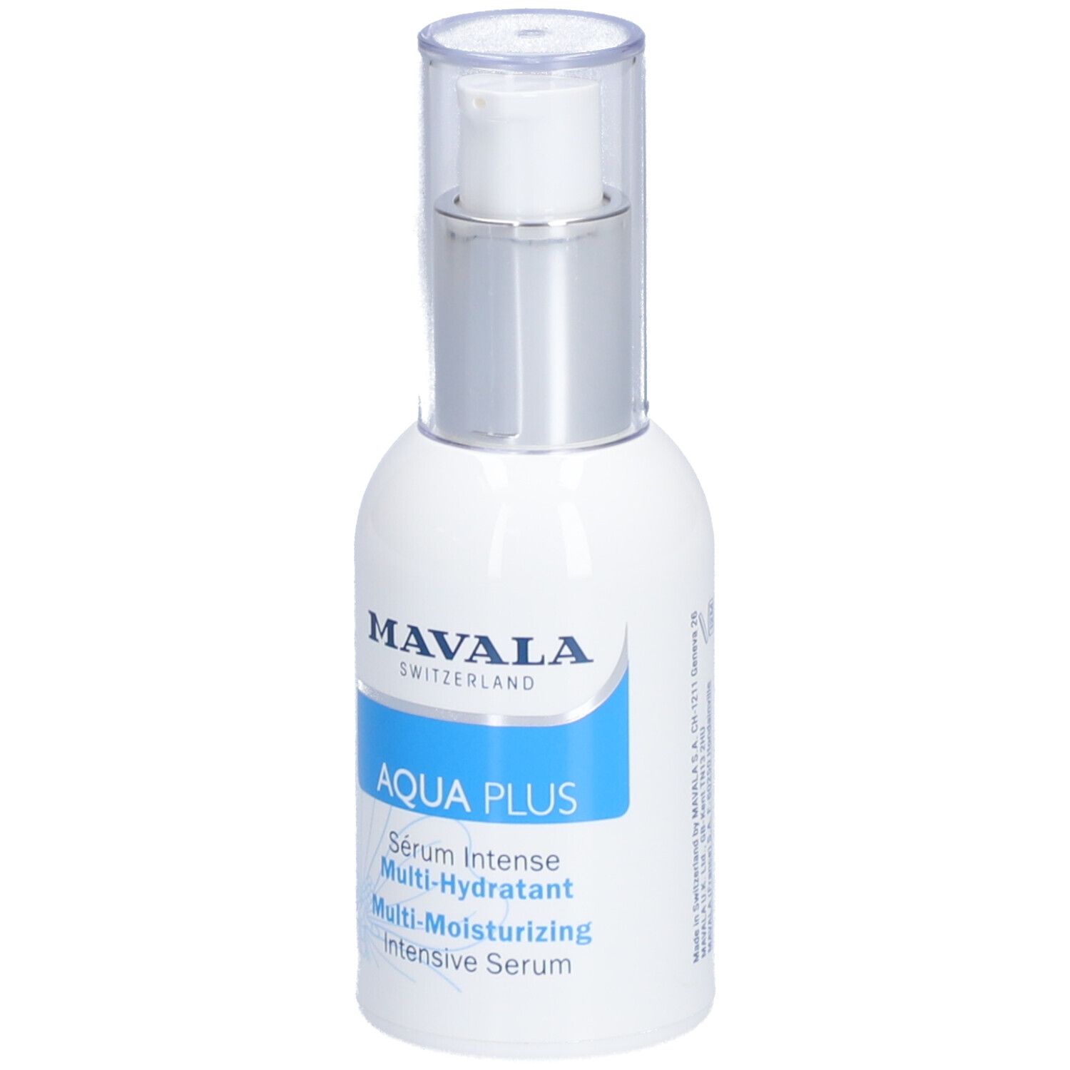 Weiße Flasche mit silbernem Deckel. Aufschrift: MAVALA AQUA PLUS. Mehrere Produktbeschreibungen.