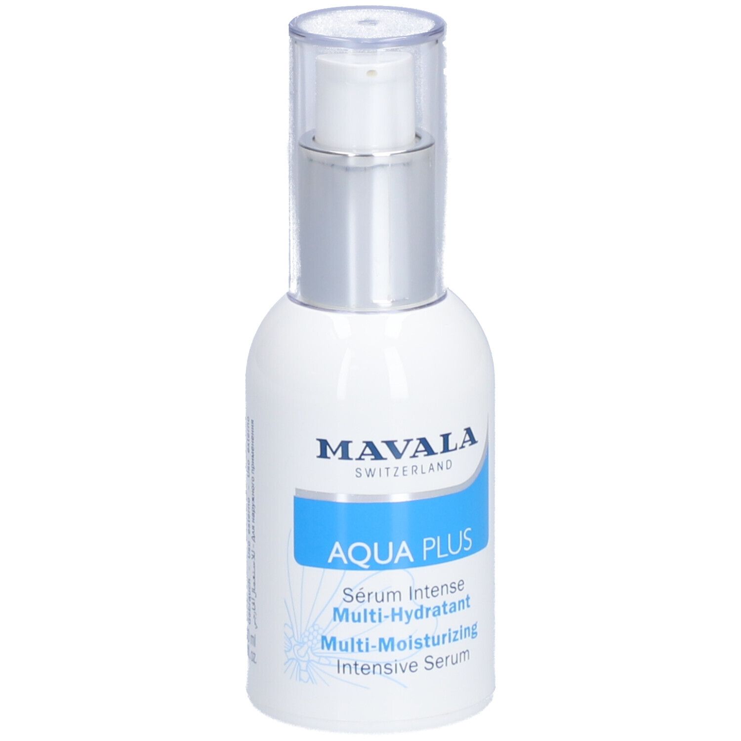 Weiße Flasche mit silbernem Deckel. Aufschrift: MAVALA AQUA PLUS. Mehrere Produktbeschreibungen.