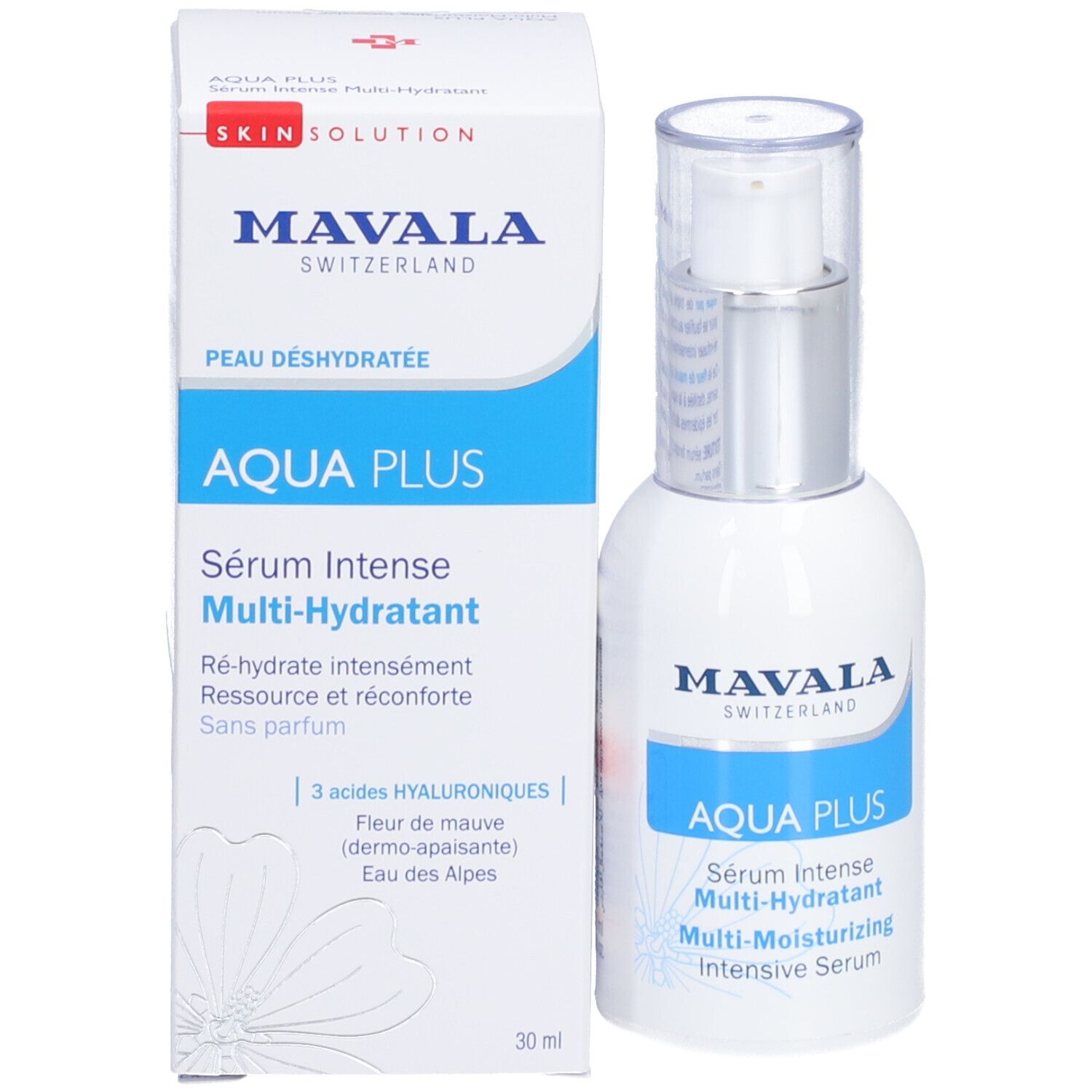 Produktflasche und Verpackung. Aufschrift: MAVALA AQUA PLUS. Text in mehreren Sprachen.
