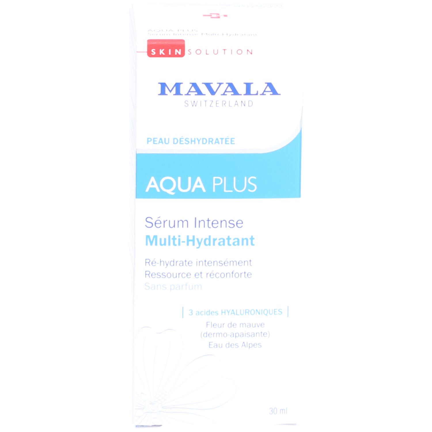 Produktverpackung. Aufschrift: MAVALA AQUA PLUS. Text in mehreren Sprachen.