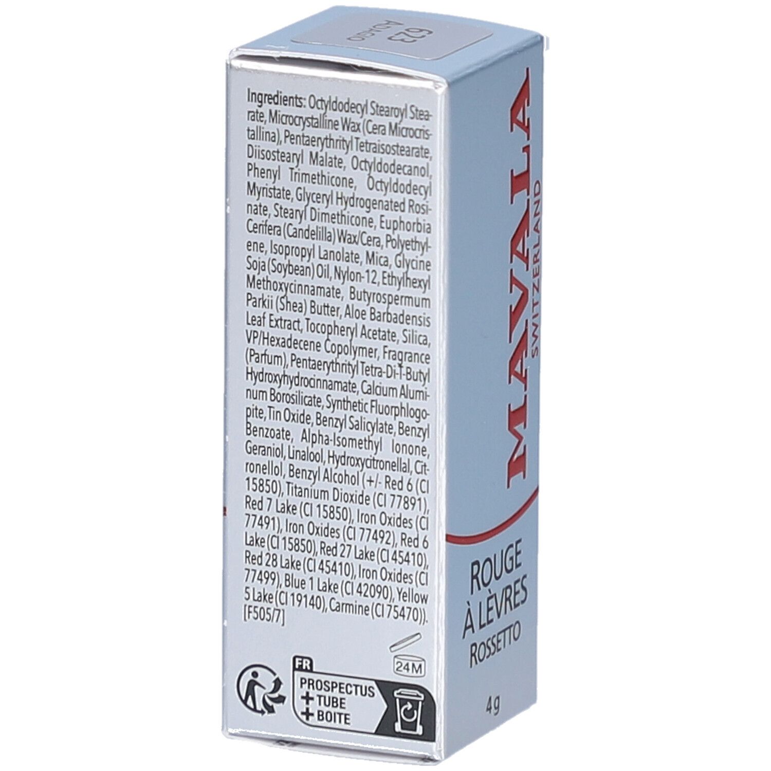 Verpackung mit Inhaltsstoffen. Marke MAVALA, Rouge à Lèvres, Rossetto. 4g. Text in Deutsch, Französisch, Italienisch.