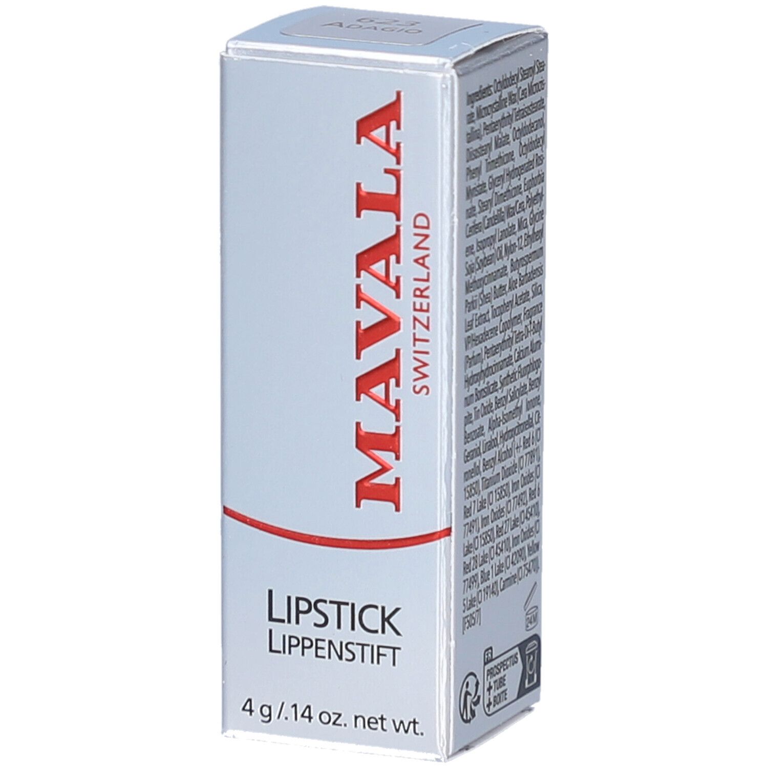 Schachtel mit Lippenstift. Marke MAVALA, Lippenstift, 4 g. Text in Deutsch, Französisch, Italienisch.