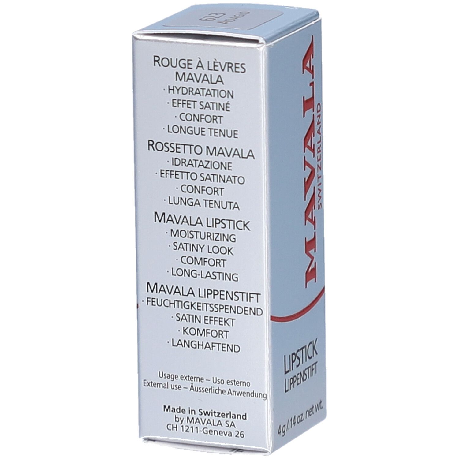 Schachtel mit Text. Marke MAVALA, Rouge à Lèvres, Rossetto, Lippenstift. Text in Deutsch, Französisch, Italienisch.