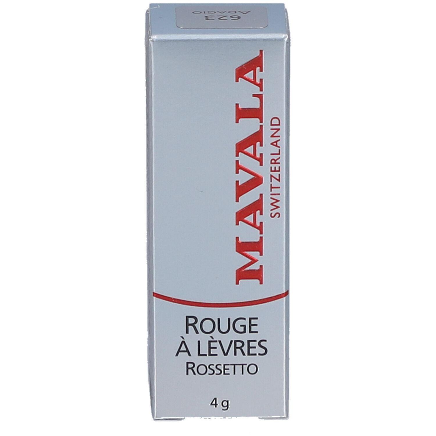 Lippenstift, geöffnet. Silberfarbener Stift mit braunem Lippenstift. Graue Kappe daneben. Marke MAVALA.