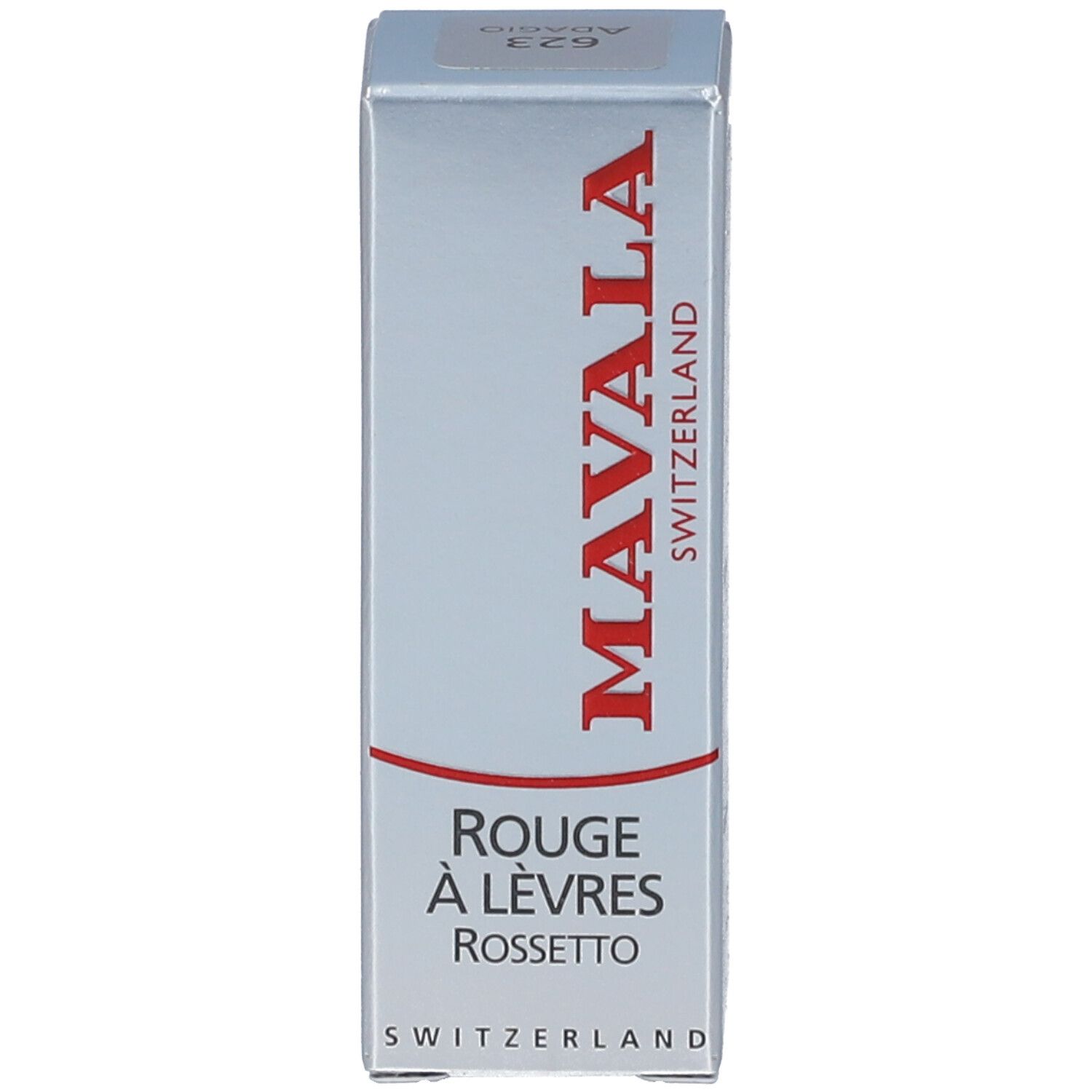 Verpackung mit Text. Marke MAVALA, Rouge à Lèvres, Rossetto. Text in Deutsch, Französisch, Italienisch.
