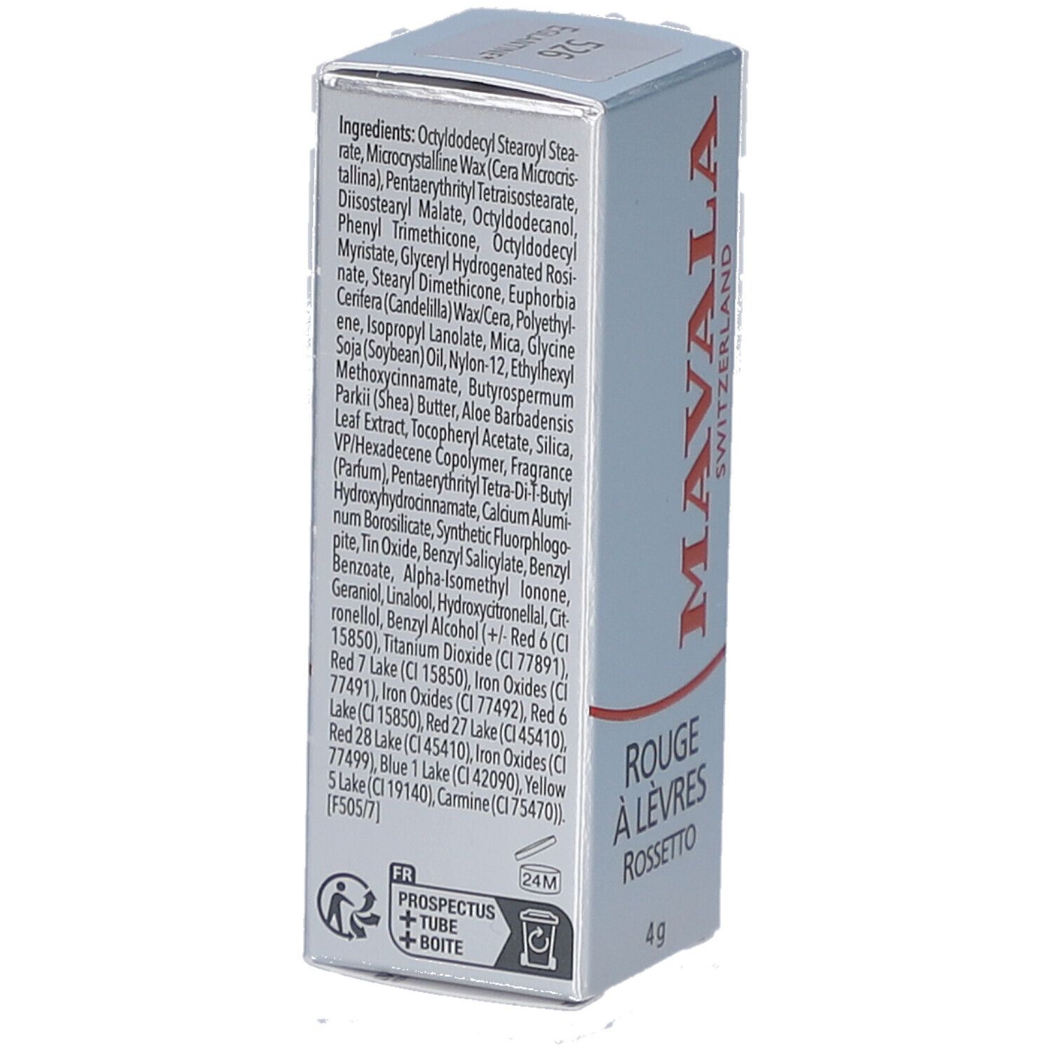 Silberne Lippenstiftverpackung. Rückseite mit Inhaltsstoffen und Piktogrammen. Roter Schriftzug: MAVALA SWITZERLAND. Rouge à Lèvres Rossetto.