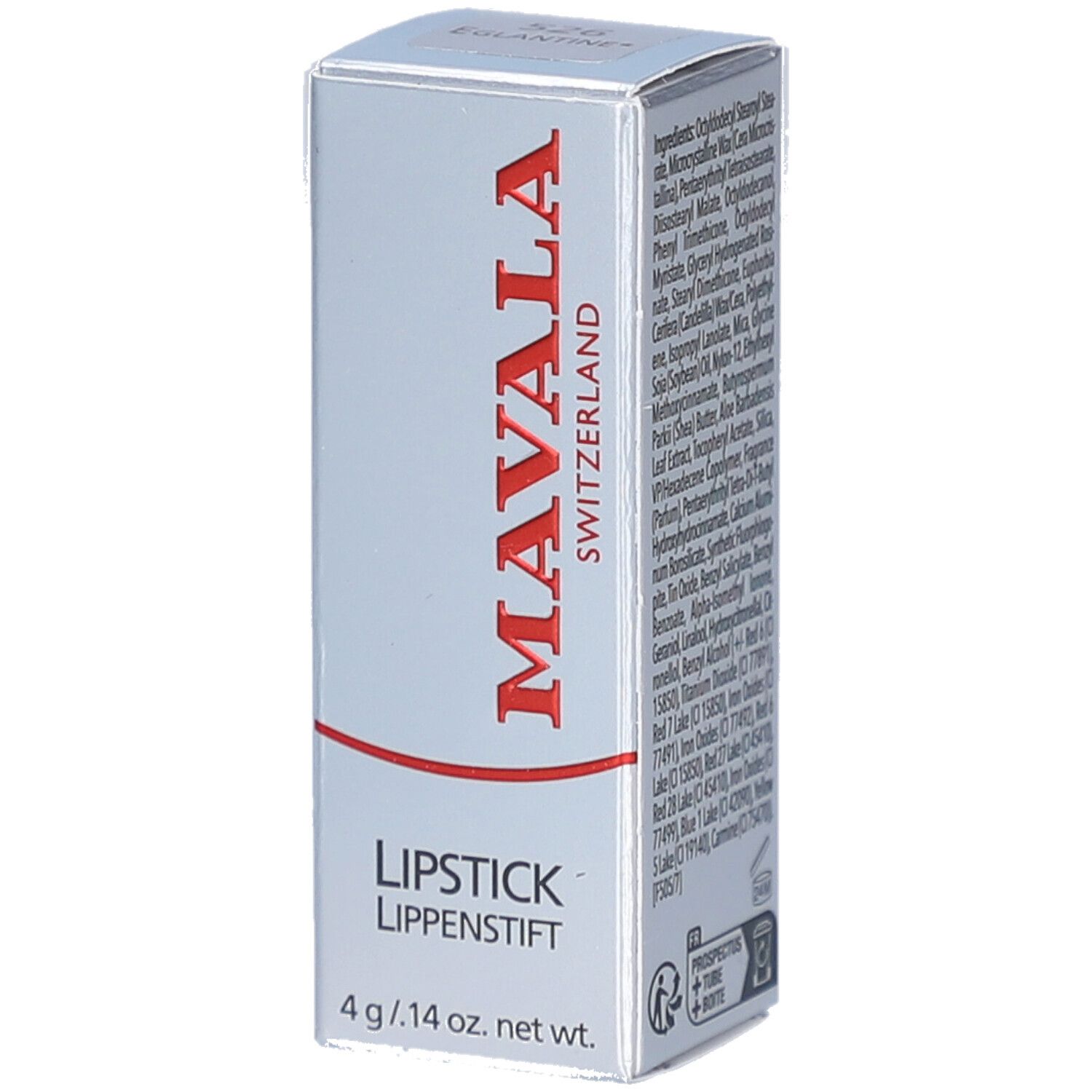 Silberne Lippenstiftverpackung. Roter Schriftzug: MAVALA SWITZERLAND. Lipstick Lippenstift. 4 g / .14 oz. net wt.