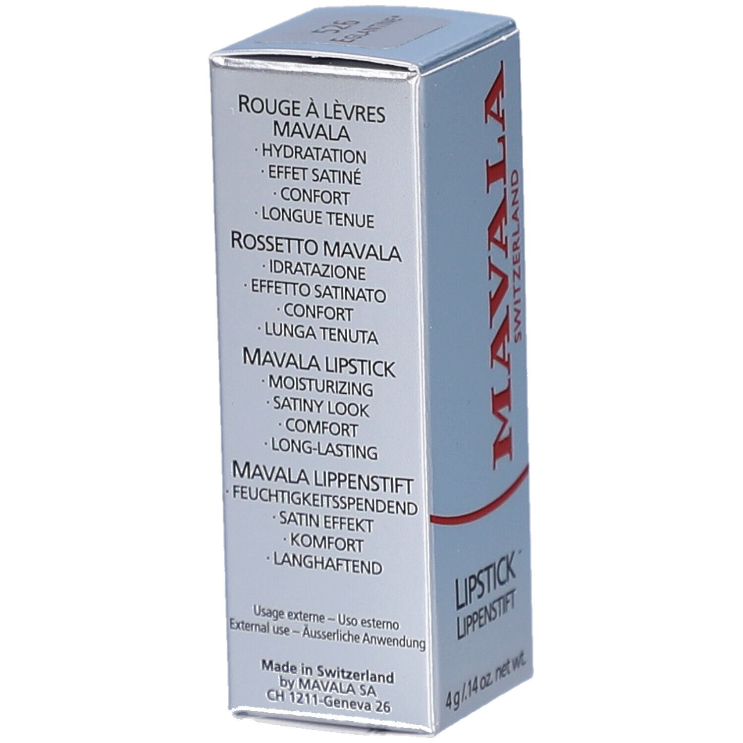 Silberne Lippenstiftverpackung. Roter Schriftzug: MAVALA SWITZERLAND. Rouge à Lèvres Rossetto. 4 g / .14 oz. net wt.