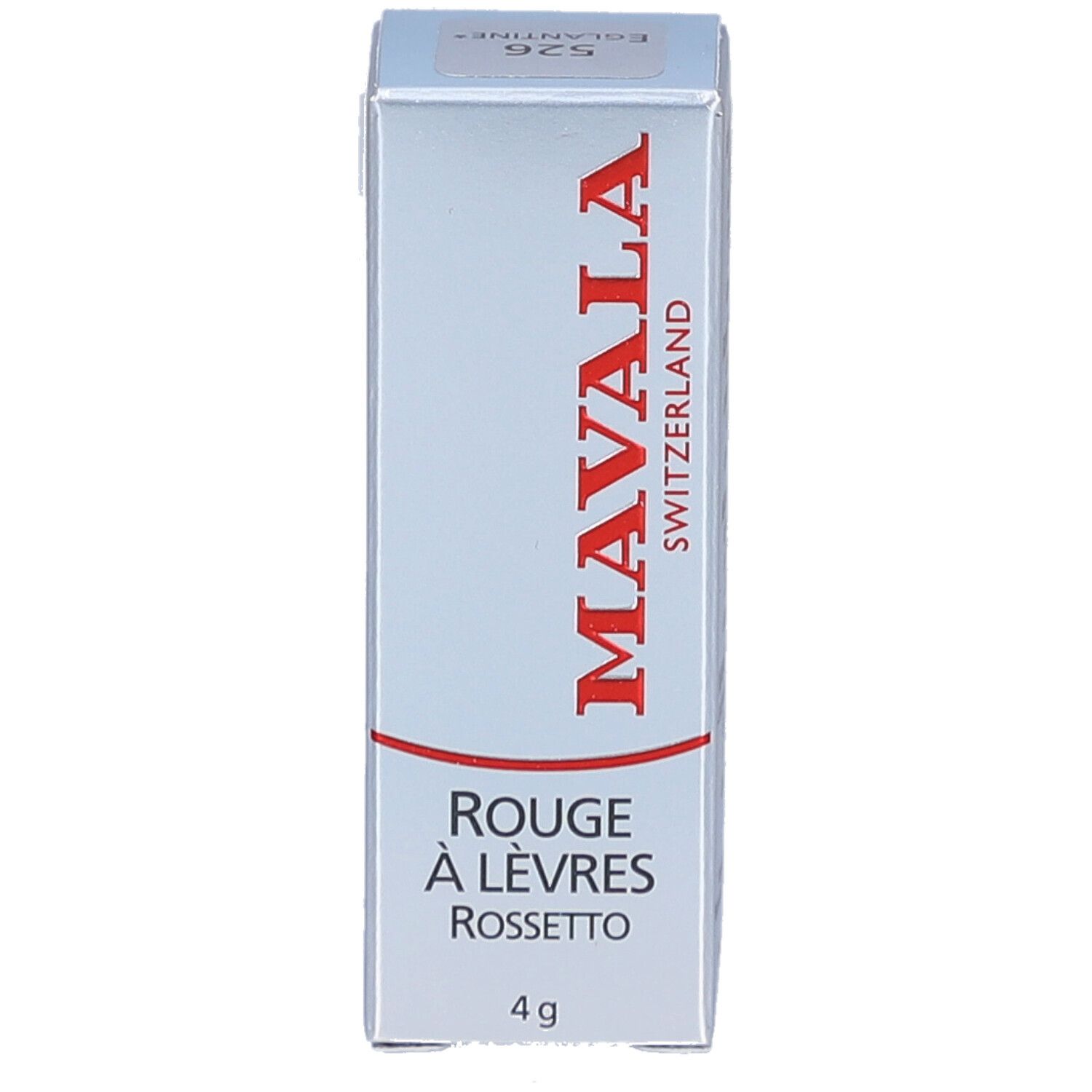 Silberne Lippenstiftverpackung. Roter Schriftzug: MAVALA SWITZERLAND. Rouge à Lèvres Rossetto. 4 g. Aufschrift: Eglantine 526.