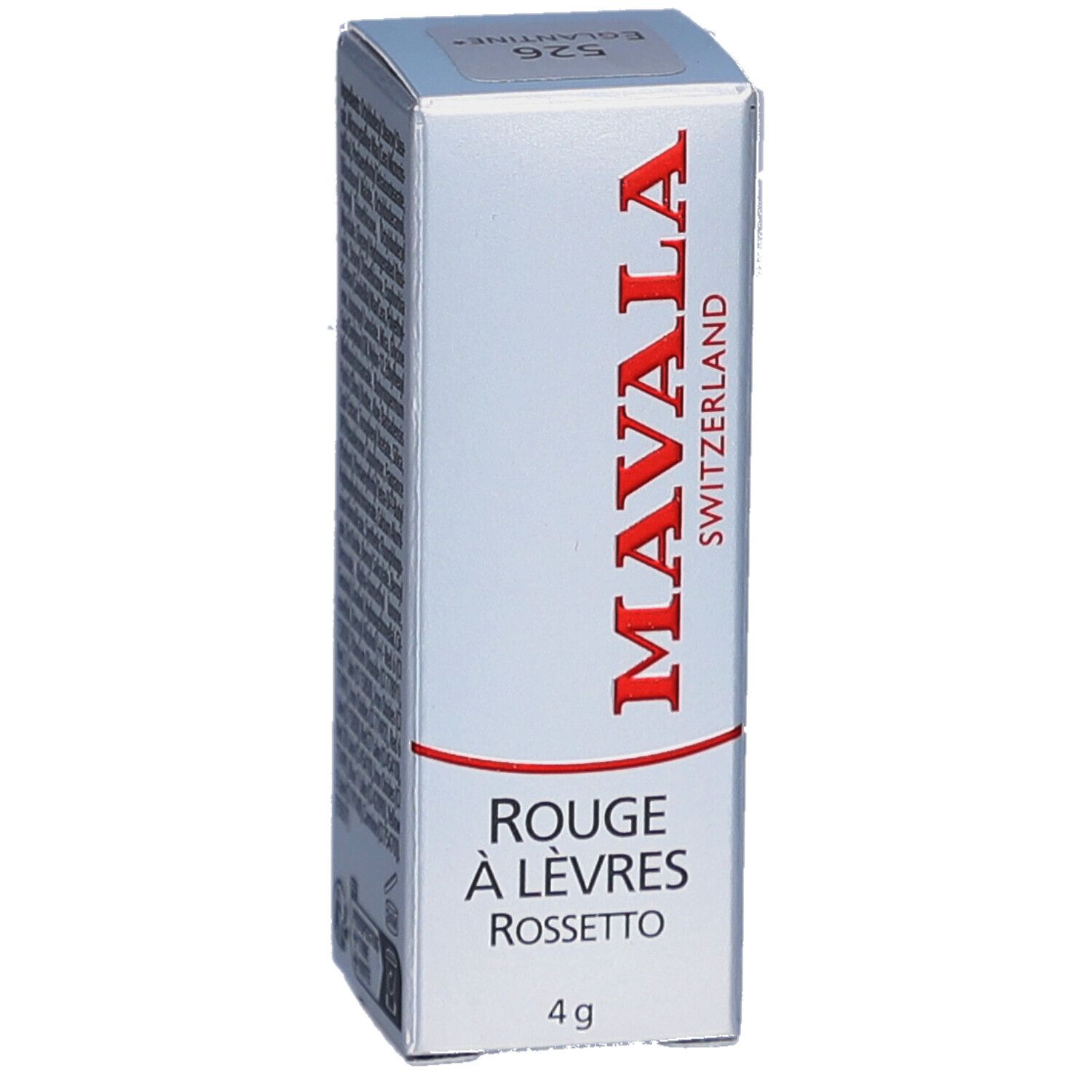 Silberne Lippenstiftverpackung. Roter Schriftzug: MAVALA SWITZERLAND. Rouge à Lèvres Rossetto. 4 g. Aufschrift: Eglantine 526.